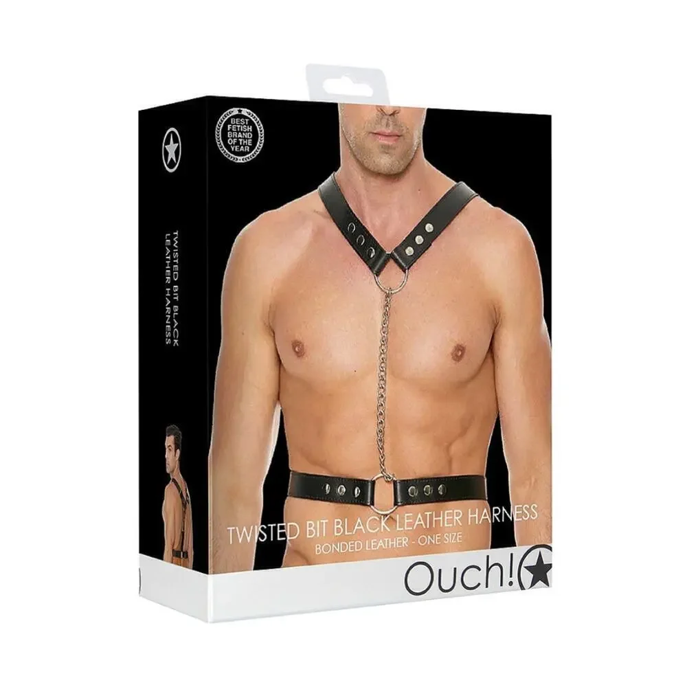 🦋B2G1🦋OUCH! SHOTS AMERICA Twisted Bit Black Leather Bonded Chain Harness